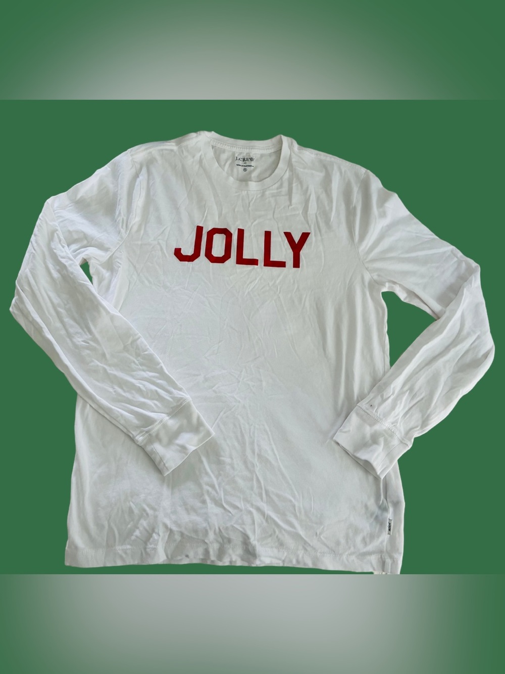 J. Crew White Long-Sleeve Tee with Red 'JOLLY'  holiday shirt men small